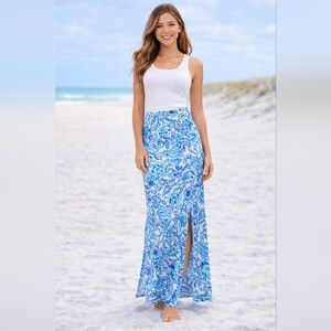 Lilly Pulitzer Adea Maxi Blue Oasis Shell Print Turquoise Pull On Slit Skirt XS
